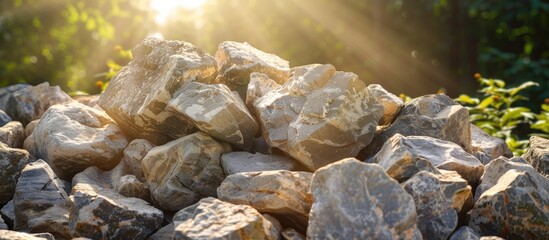 Sticker - A pile of limestone stones under sunlight with a copy space image.