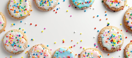 Poster - Round frame of colorful glazed cookies on a white background with copy space image.