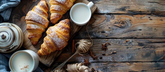 Poster - Rustic style breakfast featuring croissants and coffee with milk on a wooden table in a close-up copy space image.