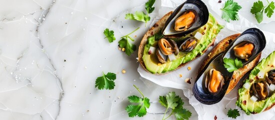 Aufkleber - Mussels and avocado toast on white backdrop with room for text, copy space image