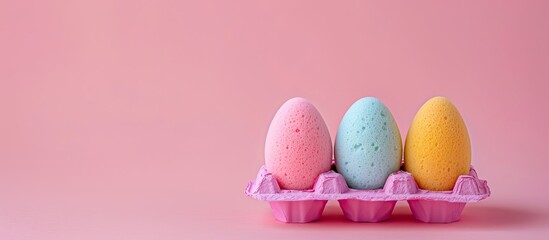 Poster - Makeup sponges in a plastic egg holder on a colored background with copy space image.