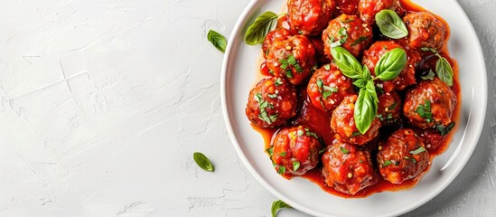 Aufkleber - A plate of meatballs in tomato sauce on a white plate, with copy space image.