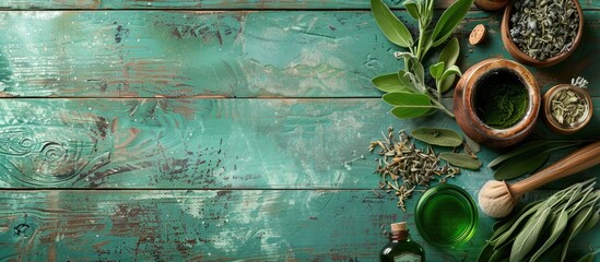 Poster - Turquoise wood table with sage herbal plant parts and beauty product samples, ideal for copy space image.