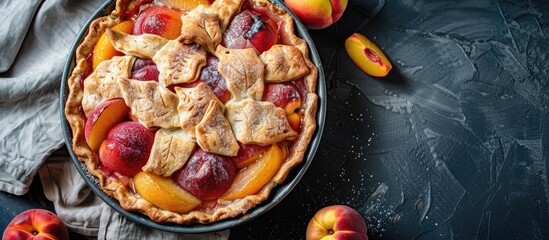 Poster - A pie with nectarines displayed on a gray wooden table with soft focus enhancing the aesthetic appeal of the copy space image.