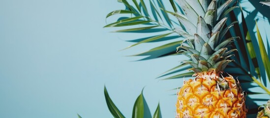 Aufkleber - Ripe pineapple with green leaves on a light blue backdrop in a flat lay composition with room for text in the image. Copy space image. Place for adding text and design