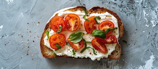 Poster - A slice of toasted bread topped with delectable cream cheese and tomatoes arranged on a grey surface, with room for text in the image. Copy space image. Place for adding text and design