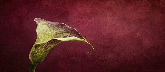 Aufkleber - A single detailed textured pastel green and violet calla flower against a dark red background creates a vintage-style still-life image with a fine art quality and copy space.