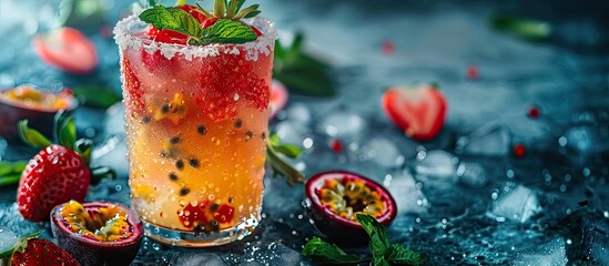 Wall Mural - A refreshing gondopurowangi drink made with fresh strawberries, homemade passion fruit, and soda water, suitable for recipes, articles, menus, and commercial purposes with a copy space image.