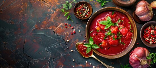Aufkleber - Colorful background with a delicious bowl of borscht and ingredients, leaving room for copy space image.
