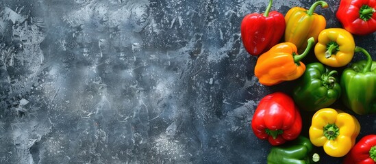 Poster - A variety of bell peppers in green, red, and yellow hues displayed on a grey stone surface with room for text or other elements in the image. It represents organic and healthy food. Copy space image