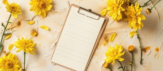 Poster - Top view of a beige background with a clipboard featuring a blank paper and yellow chrysanthemums, ideal for a copy space image.