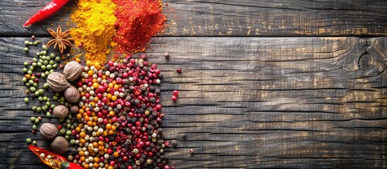 Wall Mural - Colorful spices arranged on a wooden surface with space for text, seen from above in a copy space image.