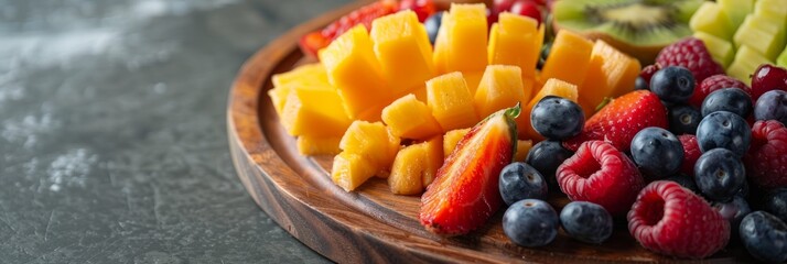 Wall Mural - A close-up photo of a colorful fruit platter featuring pineapple, strawberries, and blueberries, arranged on a wooden serving board