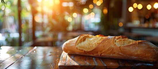 Wall Mural - French baguette slice on wooden surface in a cozy restaurant setting. Tender and appetizing; perfect with butter or jam. Ample copy space image available.