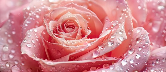Poster - Close-up of a lovely pink rose with water droplets on fresh petals, perfect for showcasing copy space image.