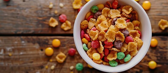 Close-up shot of cereal in a white bowl with copy space image available.