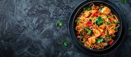 Sticker - Aerial view of Schezwan Noodles or Chow Mein with veggies, chicken, and spicy sauce on a dark dish in a copy space image.