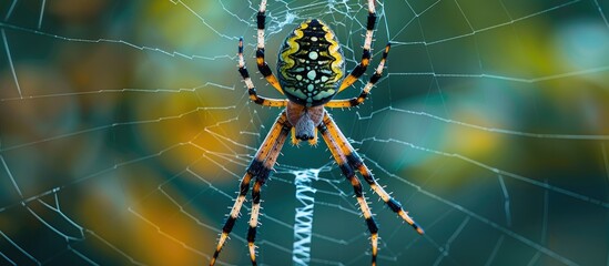 Poster - Spider with vibrant colors perched on a web, ready for prey, copy space image.