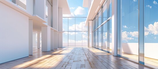 Poster - Modern architecture with a beautiful wooden floor, white walls, and windows offering a view of the blue sky. Ideal for a copy space image.