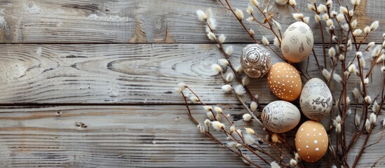 Aufkleber - Top view of a rustic Easter still life on a wooden background featuring decorated eggs and dry willow branches, with ample copy space image.