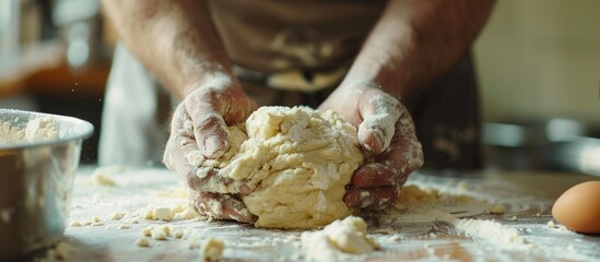 Poster - Mix the ingredients together by kneading the dough creating a cohesive mixture. Copy space image. Place for adding text and design