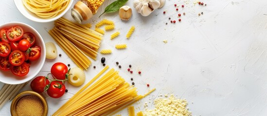 Poster - Top view of pasta spaghetti ingredients on white background with copy space image available for text, featuring selective focus.