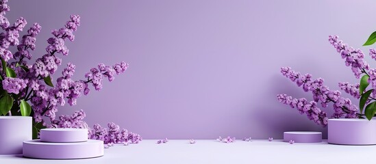 Fototapete - Lilac background with blooming branch and decorative podiums offering copy space image.