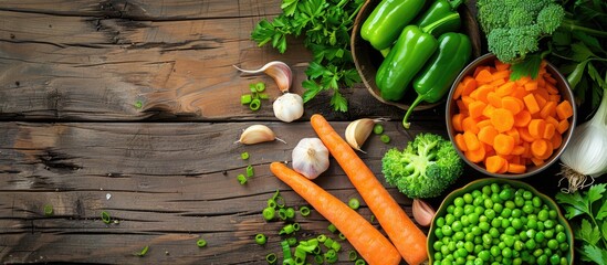 Aufkleber - Various fresh vegetables like chopped carrot, green pepper, garlic, and parsley are artfully arranged on a wooden table in a top view image with a rustic style and ample copy space for adding text.