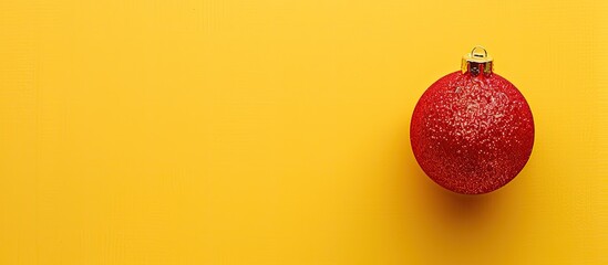 Poster - Christmas-themed greeting card with a red toy ball decoration on a yellow background, perfect for winter holiday designs with a copy space image for your text.