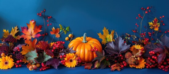 Poster - Autumn-themed still life arrangement featuring a mix of orange pumpkin, maple leaves, burgundy leaves, red berries, and yellow flowers on a blue backdrop, designed with copy space for text.