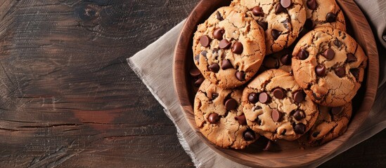 Fototapete - Timber plate with a pile of delicious chocolate chip cookies, beautifully presented with copy space image.