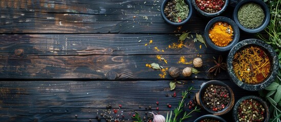 Poster - Various herbs and spices arranged in a mortar, alongside dried seasonings, displayed on a dark wooden tabletop with a top-down view for copy space image.