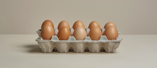 Poster - Eggs arranged neatly in a carton on a plain beige surface, providing a simple and clean backdrop for a potential copy space image.