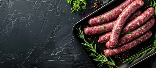 Sticker - Top-down view of uncooked lamb and beef meat sausages on a kitchen tray with herbs, set against a black background, with space for additional content in the image.