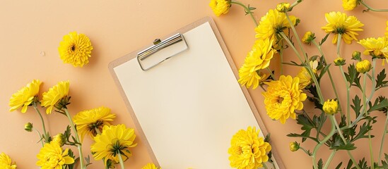 Poster - Top view of a beige background with a clipboard featuring a blank paper and yellow chrysanthemums, ideal for a copy space image.