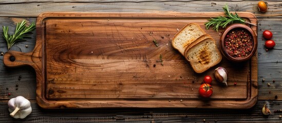 Fototapete - Wooden chopping board for slicing bread, pizza, or steak on a wooden surface with a space for text. Viewed from above. Copy space image. Place for adding text and design
