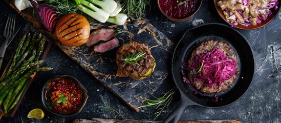 Poster - A rustic dark style homemade food concept featuring a gourmet burger served on an iron pan square placed on a marble table, accompanied by fermented cabbage, grilled asparagus, beetroot dip, and a