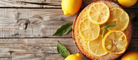 Poster - Top view of a delicious lemon cake with glaze on a wooden table with a copy space image available for text.