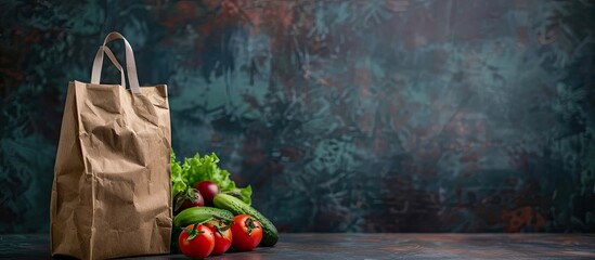 Poster - Empty workstation with a dark wall background and an abstract package on the table for food or product, creating copy space image.