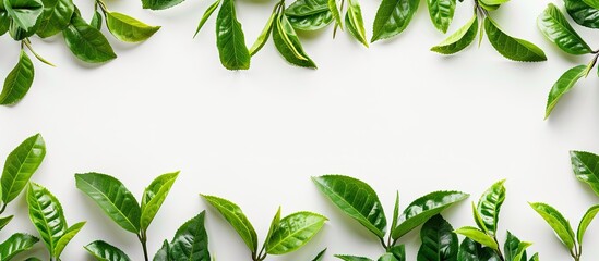Freshly picked green tea leaves arranged in a nature-inspired frame on a white background, creating a copy space image with homegrown organic tea plantation aesthetics.