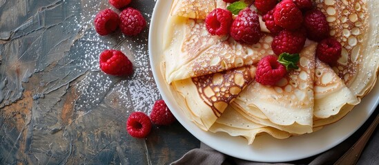 Aufkleber - Top view of a delicious dessert menu concept featuring thin pancakes. The image provides ample copy space for text in the background.