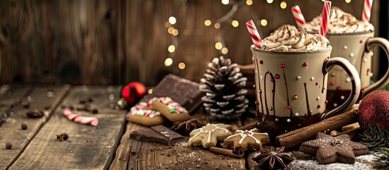 Wall Mural - Overflowing Christmas hot chocolate mugs adorned with chocolate, spices, cookies, candy, and gingerbread on a wooden winter background with space for images. Copy space image