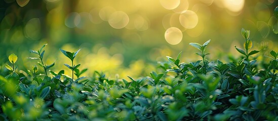 Fototapete - Green garden with blurred bokeh creating a serene background ideal for copy space image.