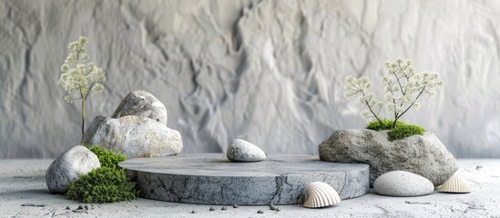 Aufkleber - Modern podium crafted from gray stones, moss, and shell fragments for showcasing products with an inviting copy space image.