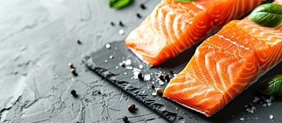 Poster - Salmon pieces, freshly cut, prepared for cooking. fish cutting, copy space image