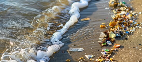 Aufkleber - Beach litter contributes to water pollution, as shown in the copy space image.