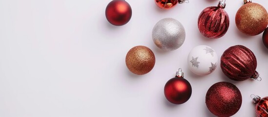 Wall Mural - Close-up flat lay of Christmas balls on a white background with copy space image.