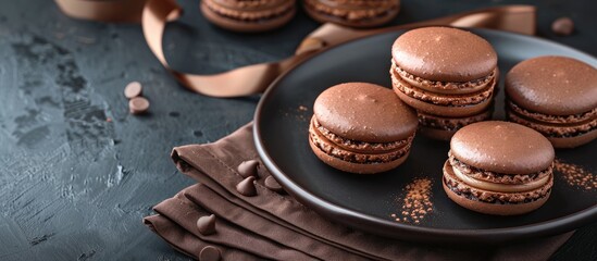 Poster - Dark chocolate macarons displayed elegantly on a black plate with a ribbon and a brown napkin, set on a dark table background with copy space image.