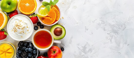 Aufkleber - A healthy breakfast concept featuring yogurt, fruits, fresh juice, and coffee with copy space image.