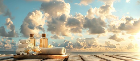 Poster - Massage therapy objects set up at a spa with a serene background featuring a sky filled with clouds and sunlight, ideal for a refreshing and healthy spa concept with a copy space image.